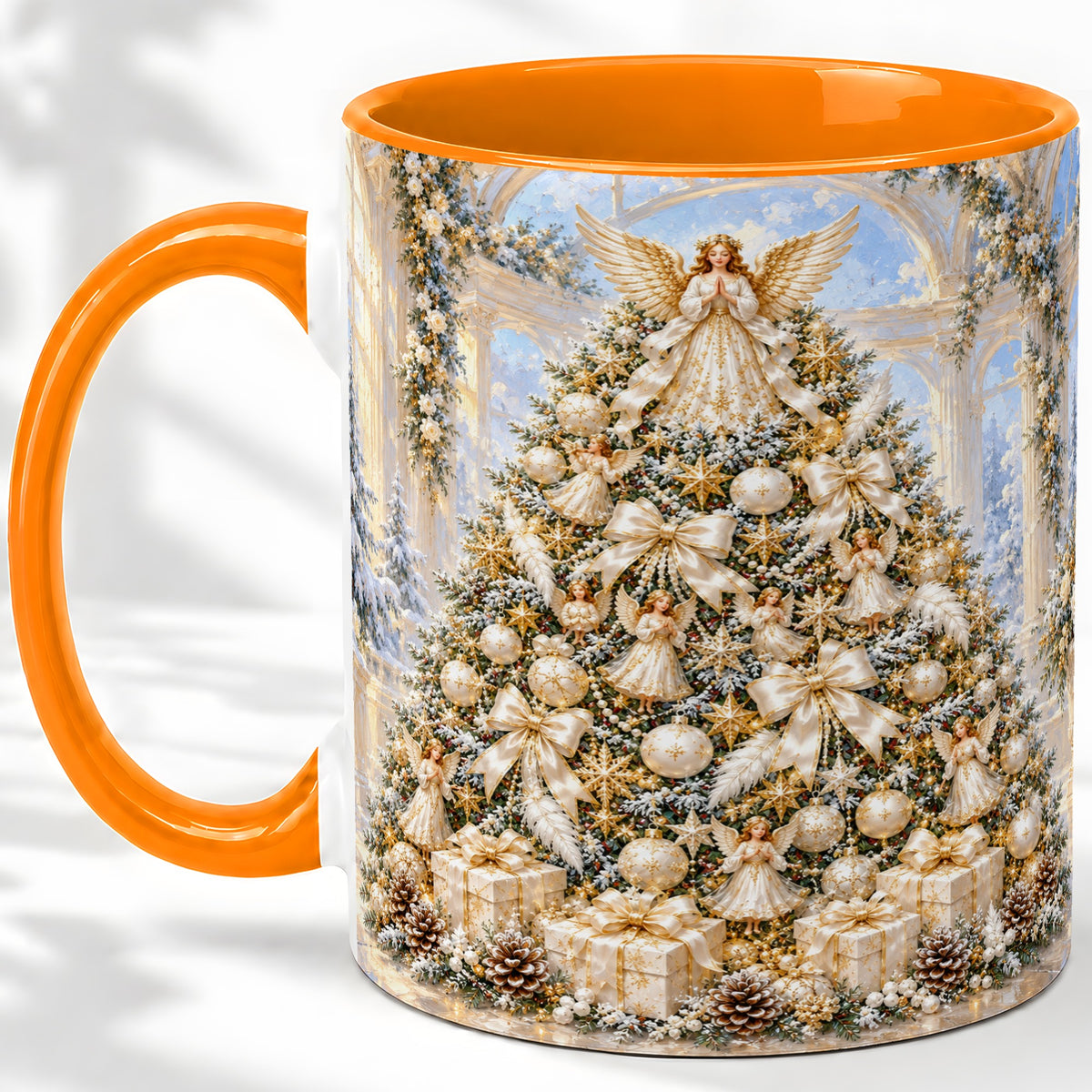 #pl[11oz|Orange] Angel Christmas Tree Accent Mug, Ceramic Cup with White Gold Art