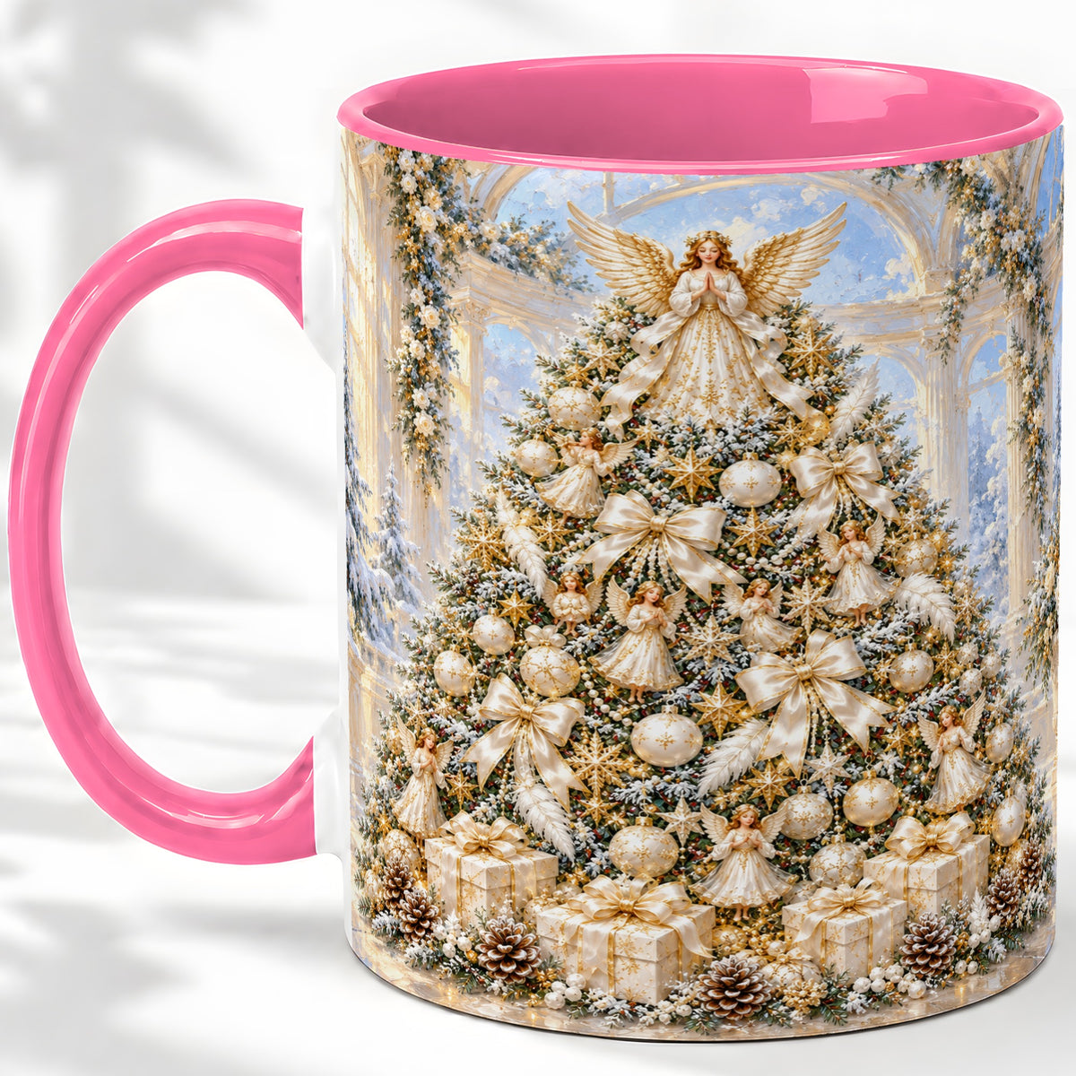 #pl[11oz|Pink] Angel Christmas Tree Accent Mug, Ceramic Cup with White Gold Art