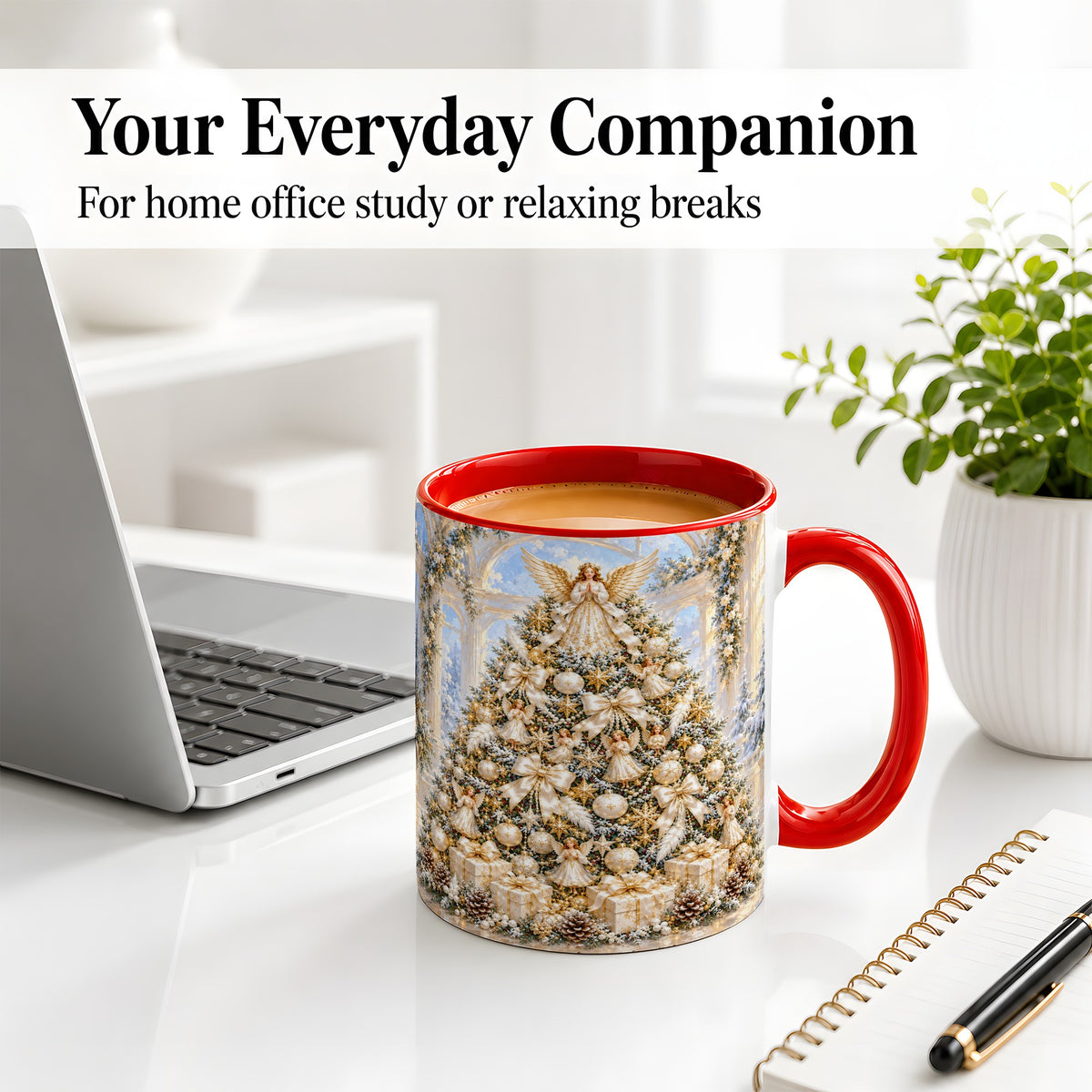 #pl[11oz|Red] Angel Christmas Tree Accent Mug, Ceramic Cup with White Gold Art