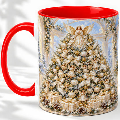 Angel Christmas Tree Accent Mug, Ceramic Cup with White Gold Art