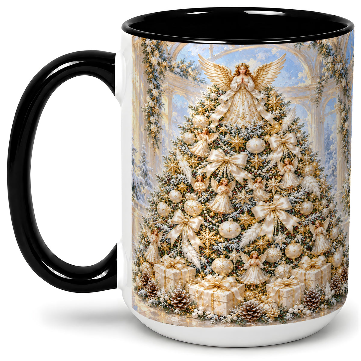 #pl[15oz|Black] Angel Christmas Tree Accent Mug, Ceramic Cup with White Gold Art