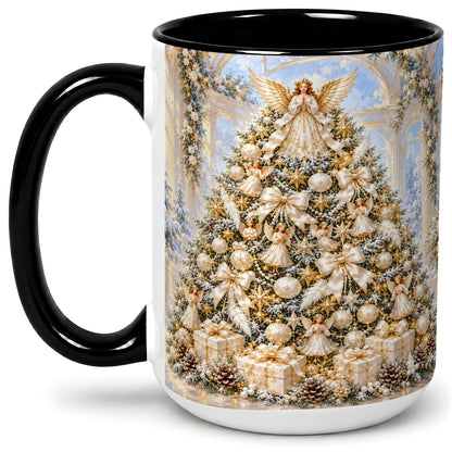 #pl[15oz|Black] Angel Christmas Tree Accent Mug, Ceramic Cup with White Gold Art
