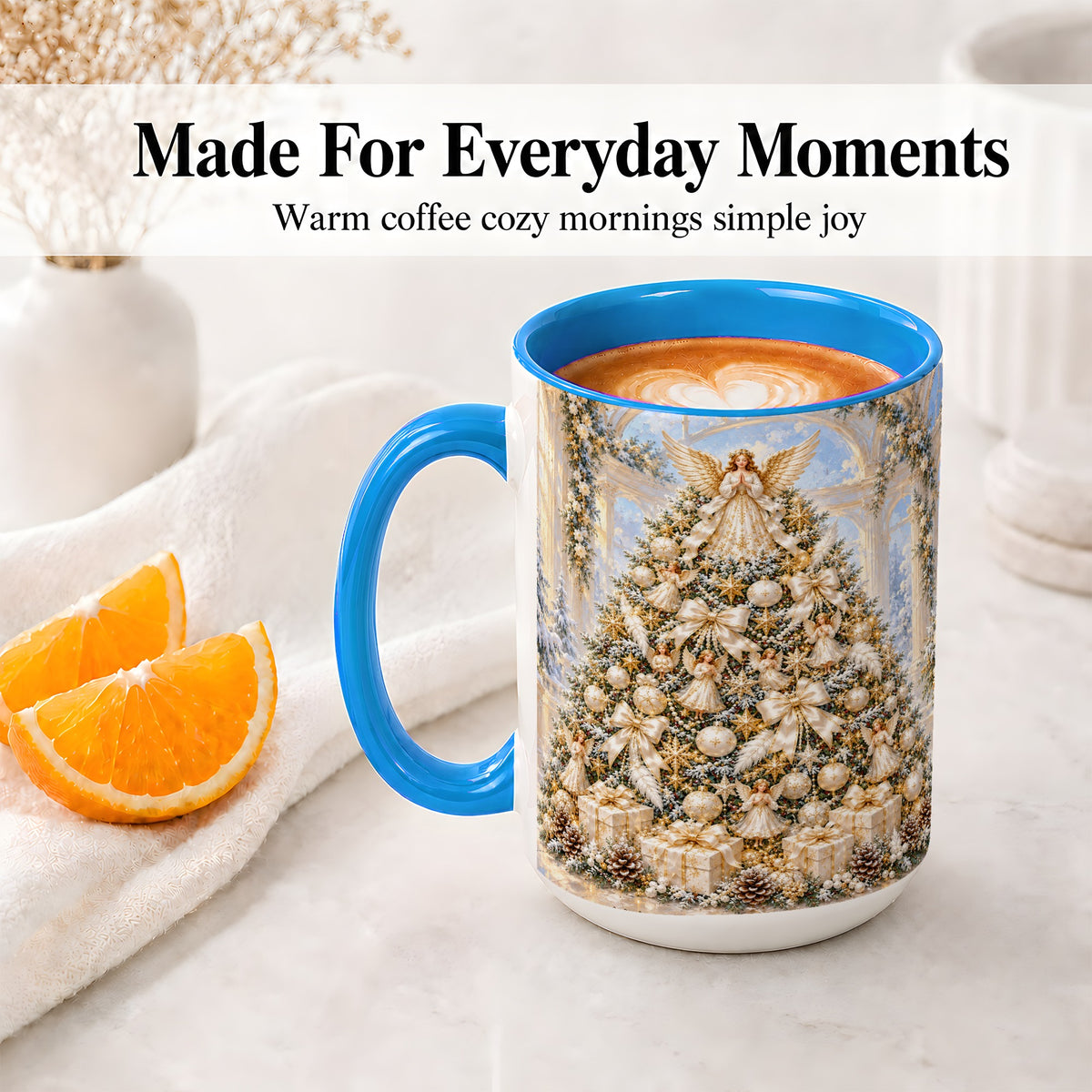 #pl[15oz|Blue] Angel Christmas Tree Accent Mug, Ceramic Cup with White Gold Art