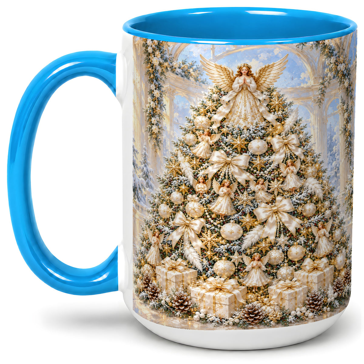 #pl[15oz|Blue] Angel Christmas Tree Accent Mug, Ceramic Cup with White Gold Art