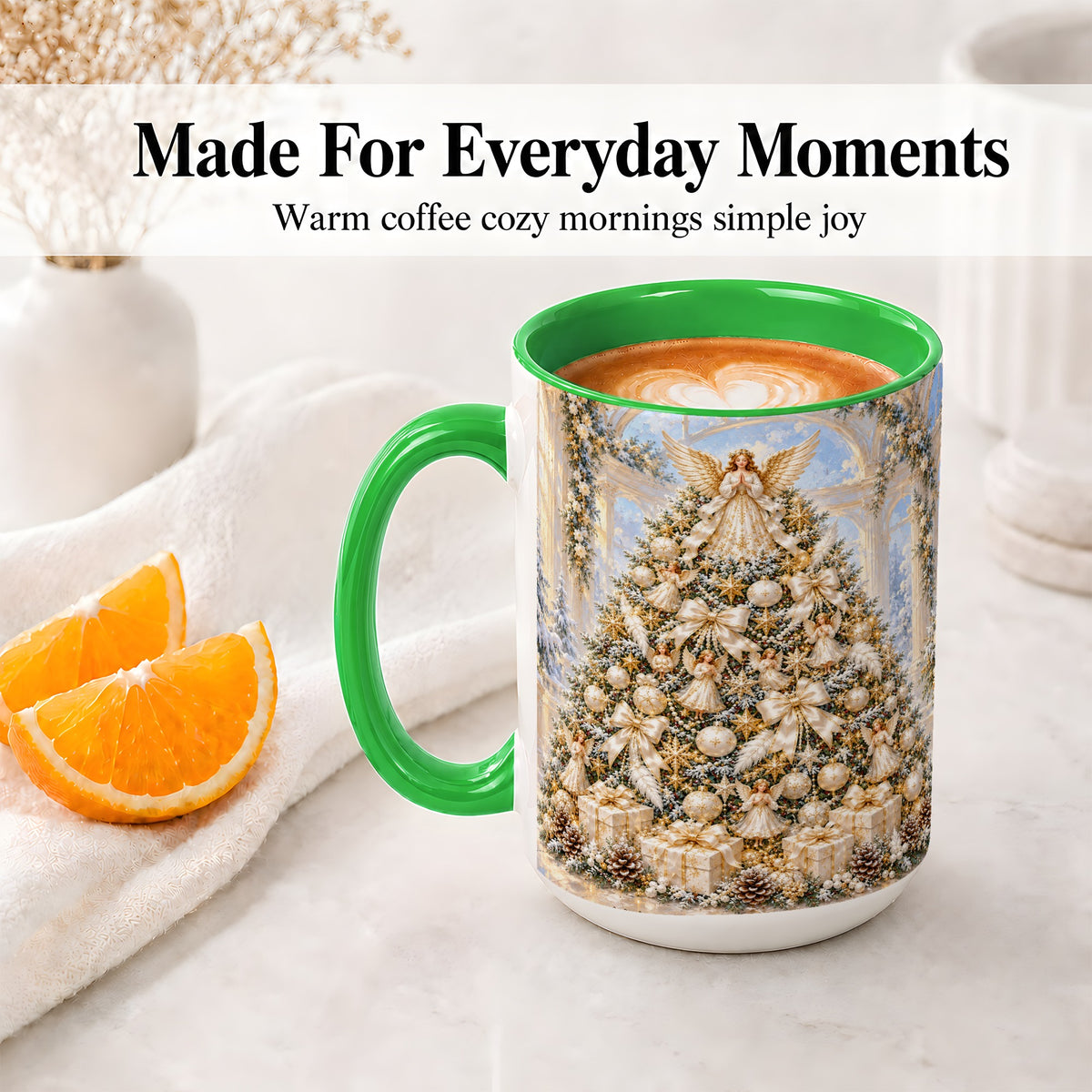 #pl[15oz|Green] Angel Christmas Tree Accent Mug, Ceramic Cup with White Gold Art