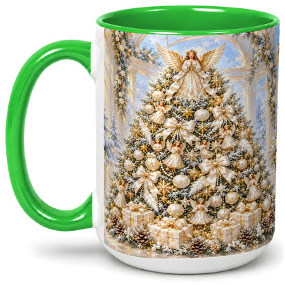 #pl[15oz|Green] Angel Christmas Tree Accent Mug, Ceramic Cup with White Gold Art