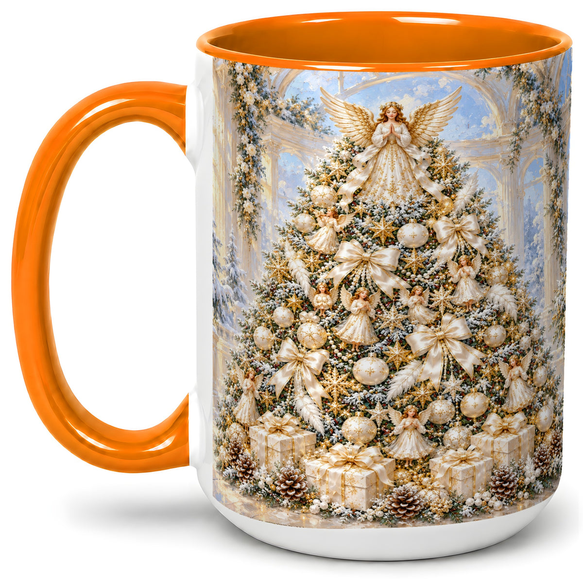 #pl[15oz|Orange] Angel Christmas Tree Accent Mug, Ceramic Cup with White Gold Art