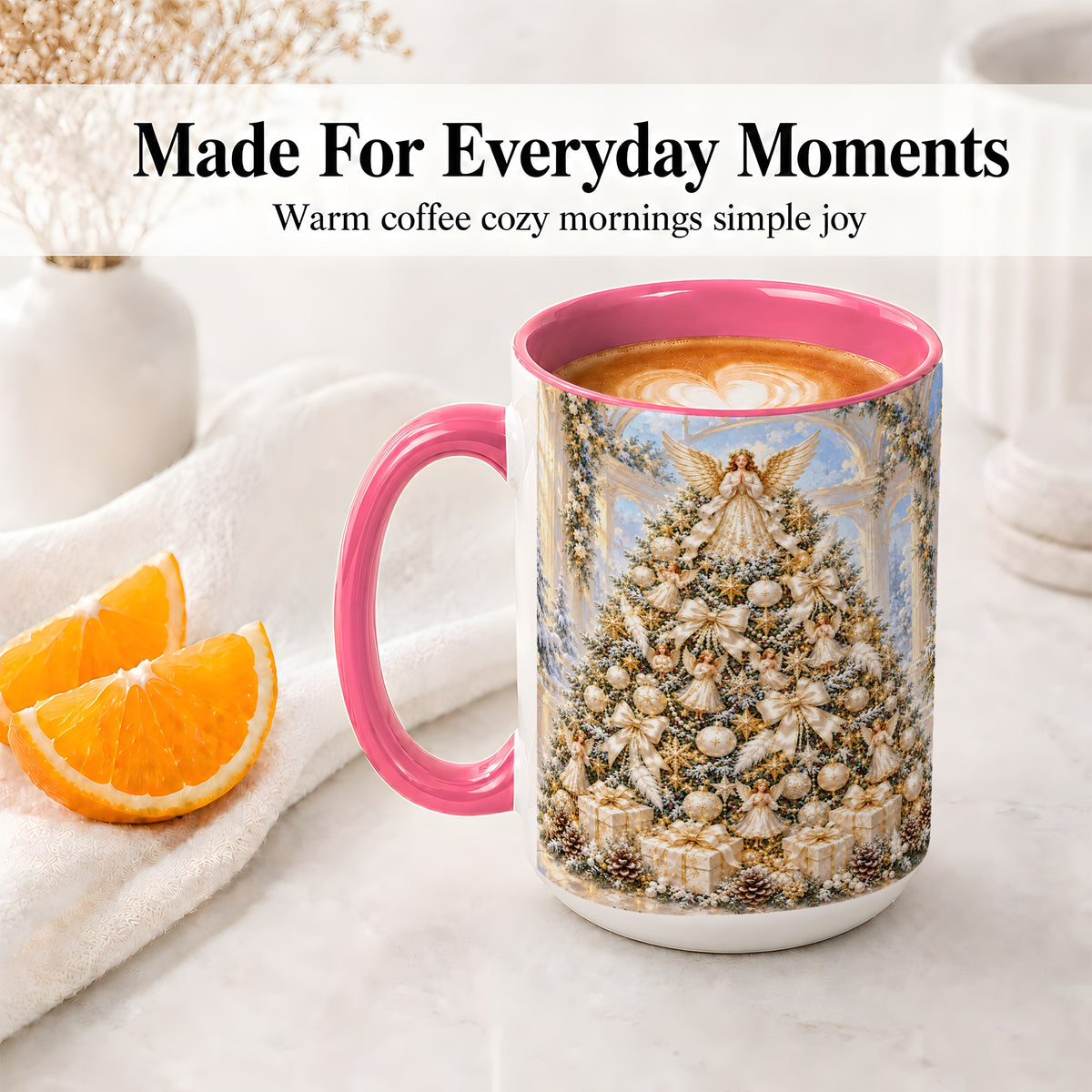#pl[15oz|Pink] Angel Christmas Tree Accent Mug, Ceramic Cup with White Gold Art