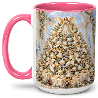 #pl[15oz|Pink] Angel Christmas Tree Accent Mug, Ceramic Cup with White Gold Art