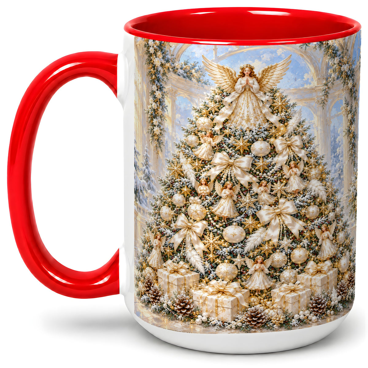 #pl[15oz|Red] Angel Christmas Tree Accent Mug, Ceramic Cup with White Gold Art