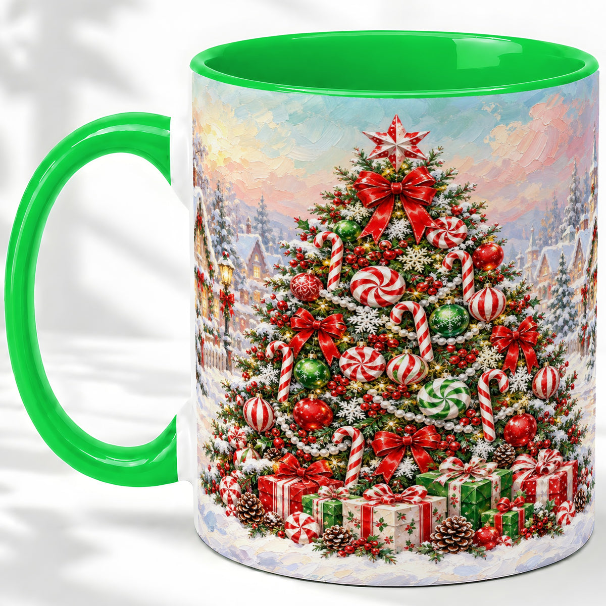 #pl[11oz|Green] Candy Cane Christmas Tree Accent Mug, Ceramic Holiday Coffee Cup