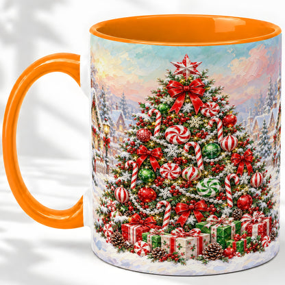 #pl[11oz|Orange] Candy Cane Christmas Tree Accent Mug, Ceramic Holiday Coffee Cup