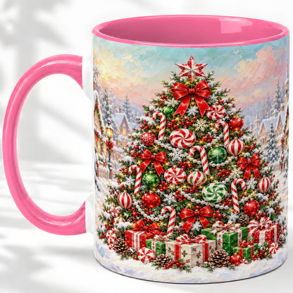#pl[11oz|Pink] Candy Cane Christmas Tree Accent Mug, Ceramic Holiday Coffee Cup