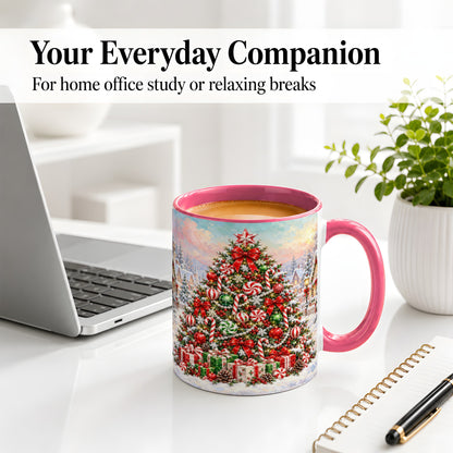 #pl[11oz|Pink] Candy Cane Christmas Tree Accent Mug, Ceramic Holiday Coffee Cup