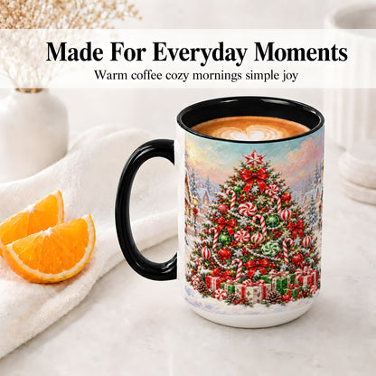 #pl[15oz|Black] Candy Cane Christmas Tree Accent Mug, Ceramic Holiday Coffee Cup