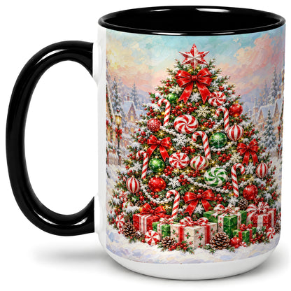 #pl[15oz|Black] Candy Cane Christmas Tree Accent Mug, Ceramic Holiday Coffee Cup