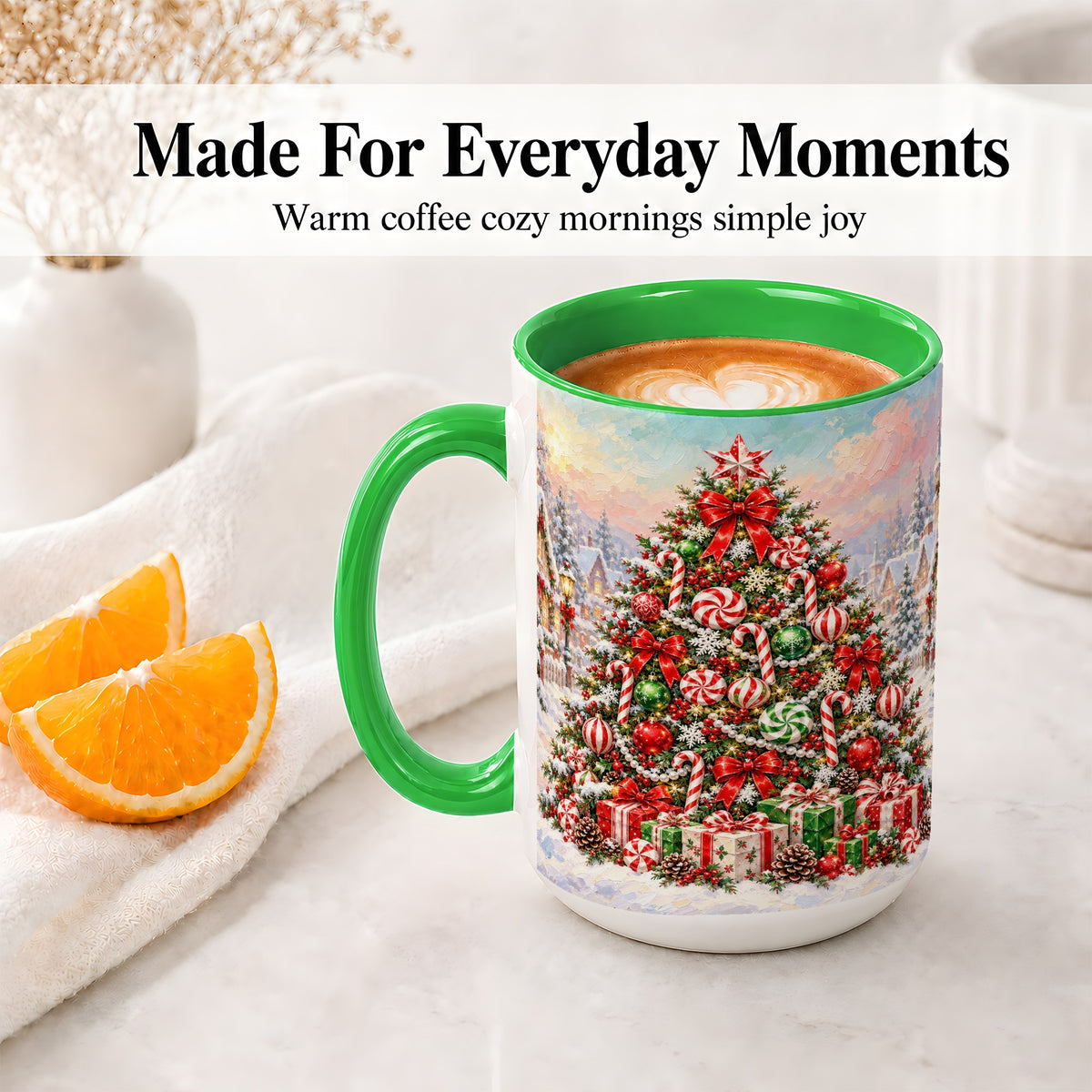 #pl[15oz|Green] Candy Cane Christmas Tree Accent Mug, Ceramic Holiday Coffee Cup