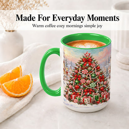 #pl[15oz|Green] Candy Cane Christmas Tree Accent Mug, Ceramic Holiday Coffee Cup