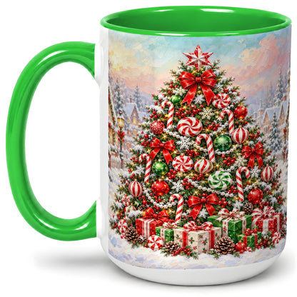 #pl[15oz|Green] Candy Cane Christmas Tree Accent Mug, Ceramic Holiday Coffee Cup