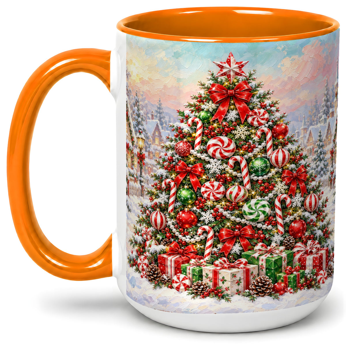 #pl[15oz|Orange] Candy Cane Christmas Tree Accent Mug, Ceramic Holiday Coffee Cup