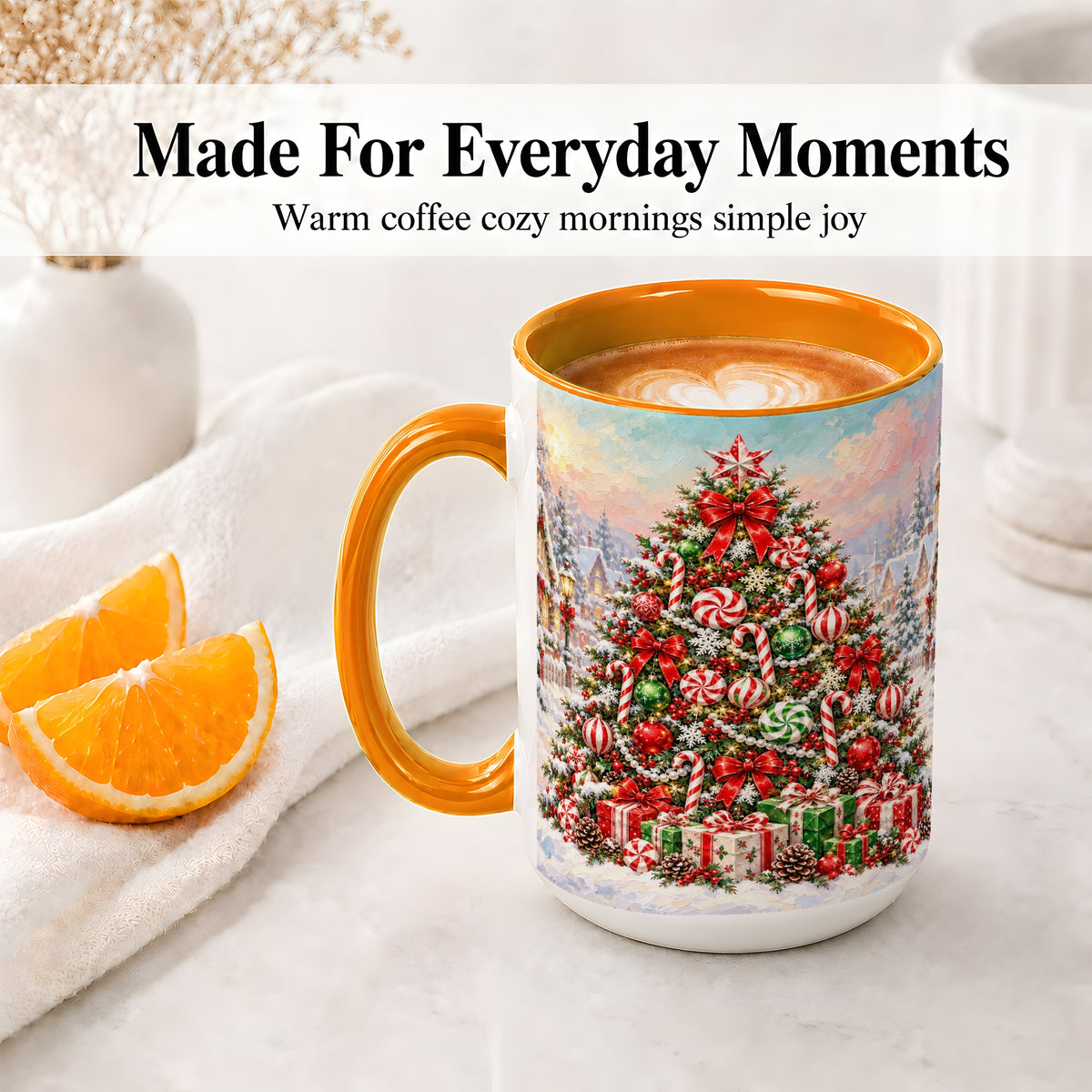 #pl[15oz|Orange] Candy Cane Christmas Tree Accent Mug, Ceramic Holiday Coffee Cup