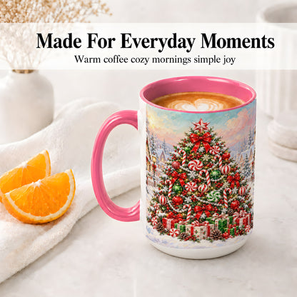 #pl[15oz|Pink] Candy Cane Christmas Tree Accent Mug, Ceramic Holiday Coffee Cup