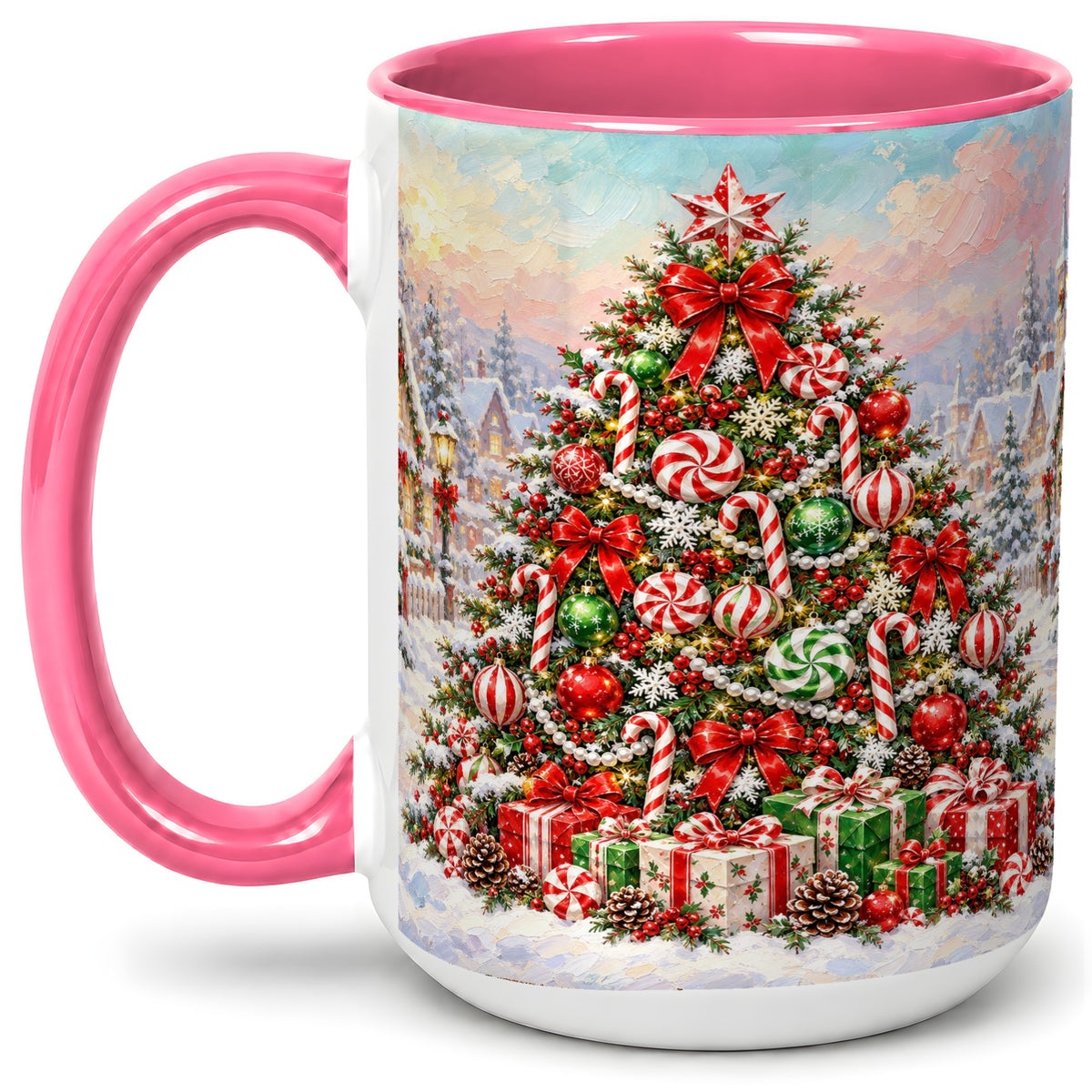 #pl[15oz|Pink] Candy Cane Christmas Tree Accent Mug, Ceramic Holiday Coffee Cup