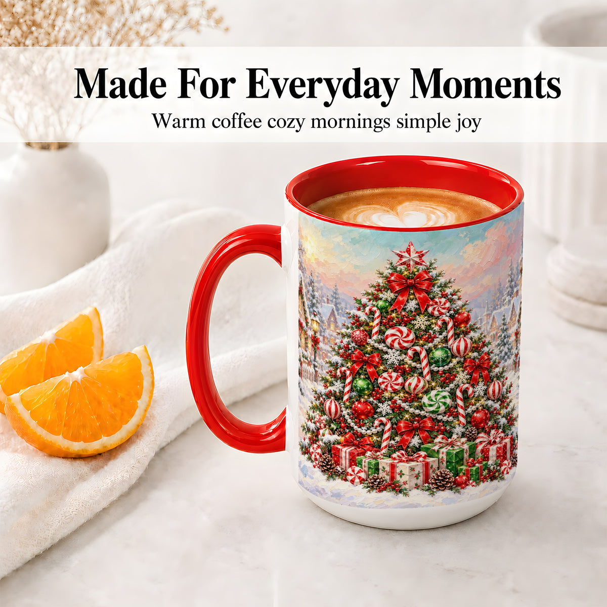 #pl[15oz|Red] Candy Cane Christmas Tree Accent Mug, Ceramic Holiday Coffee Cup