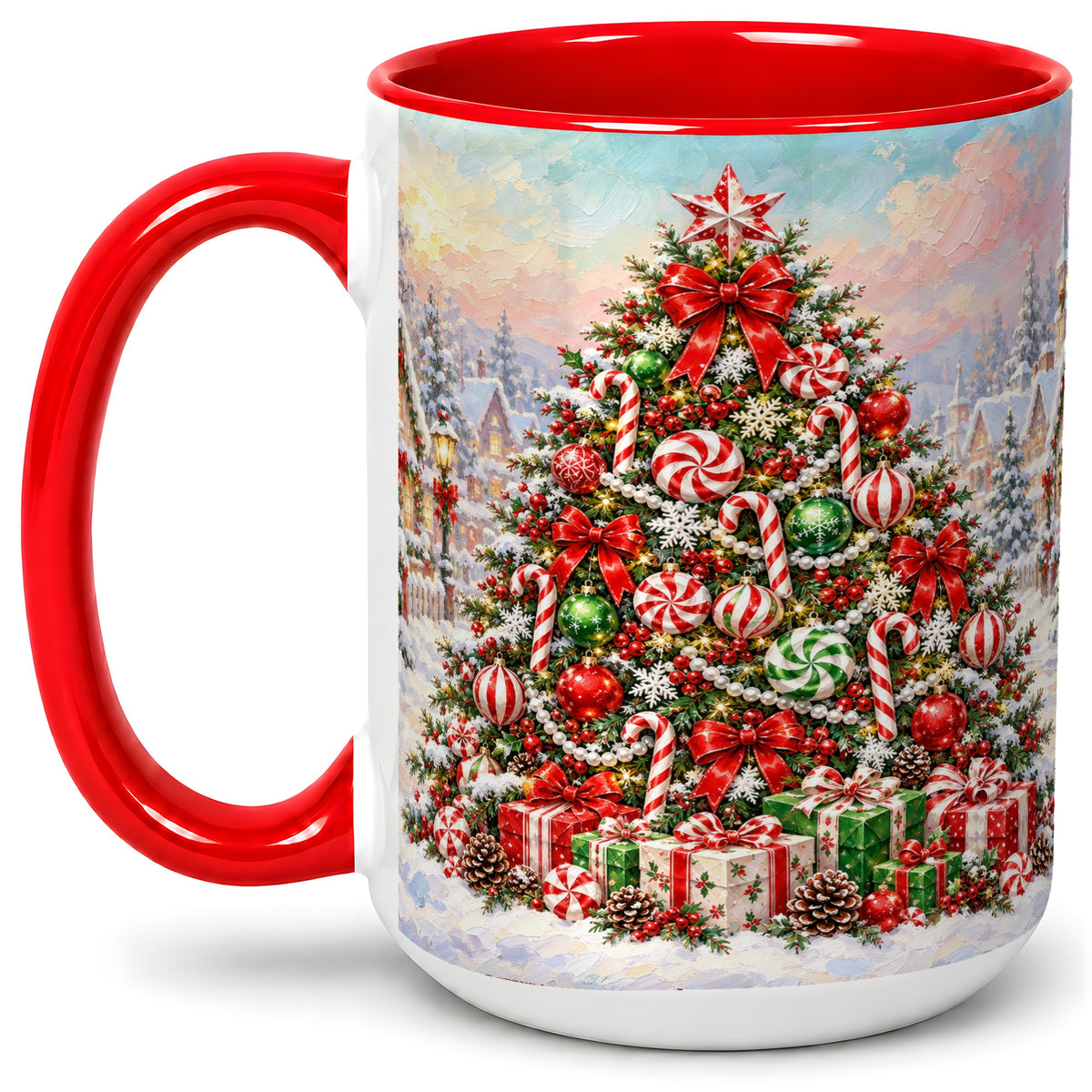 #pl[15oz|Red] Candy Cane Christmas Tree Accent Mug, Ceramic Holiday Coffee Cup