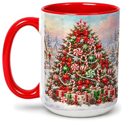 #pl[15oz|Red] Candy Cane Christmas Tree Accent Mug, Ceramic Holiday Coffee Cup