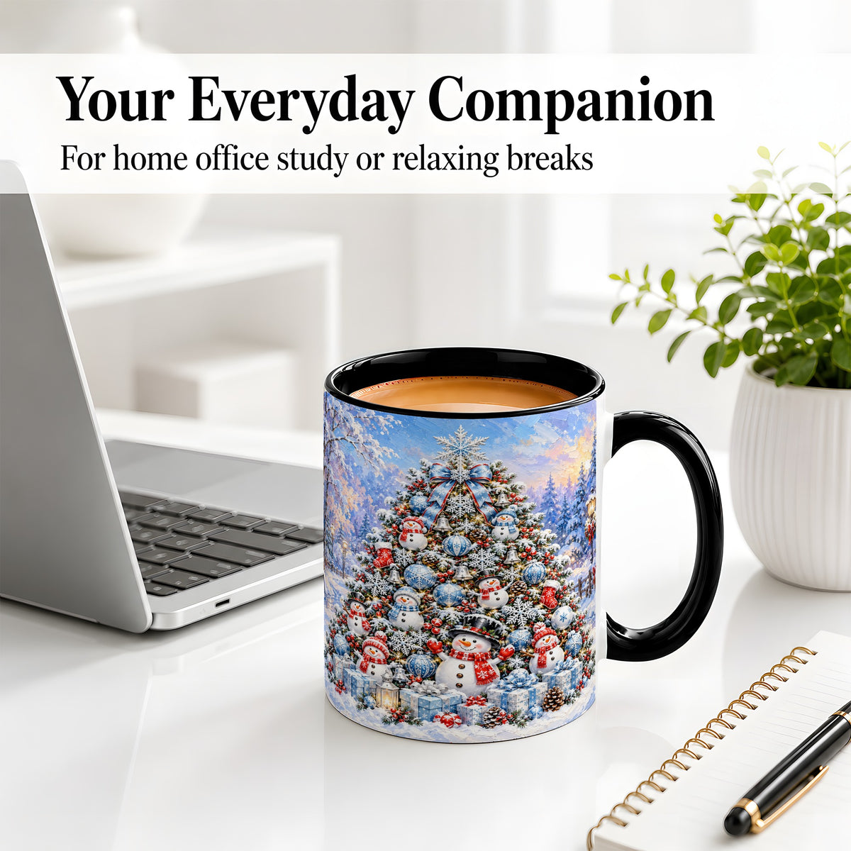 #pl[11oz|Black] Snowman Christmas Tree Accent Mug, Ceramic Winter Coffee Cup