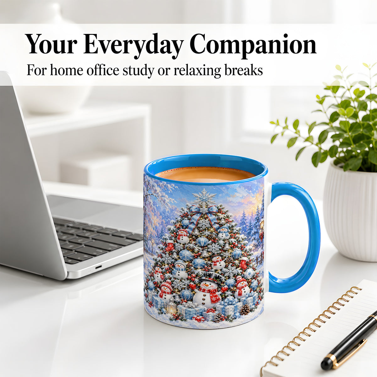 #pl[11oz|Blue] Snowman Christmas Tree Accent Mug, Ceramic Winter Coffee Cup