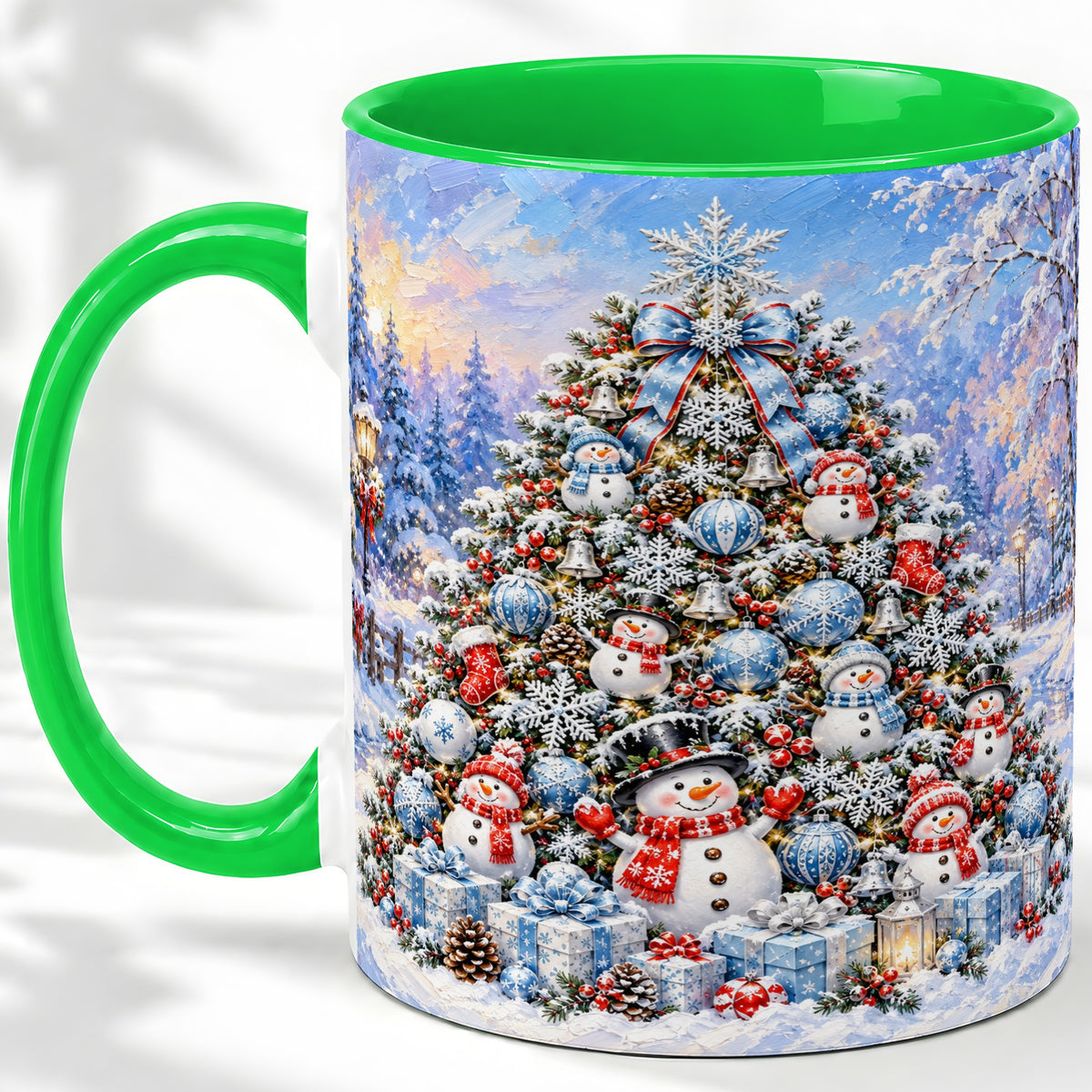 #pl[11oz|Green] Snowman Christmas Tree Accent Mug, Ceramic Winter Coffee Cup