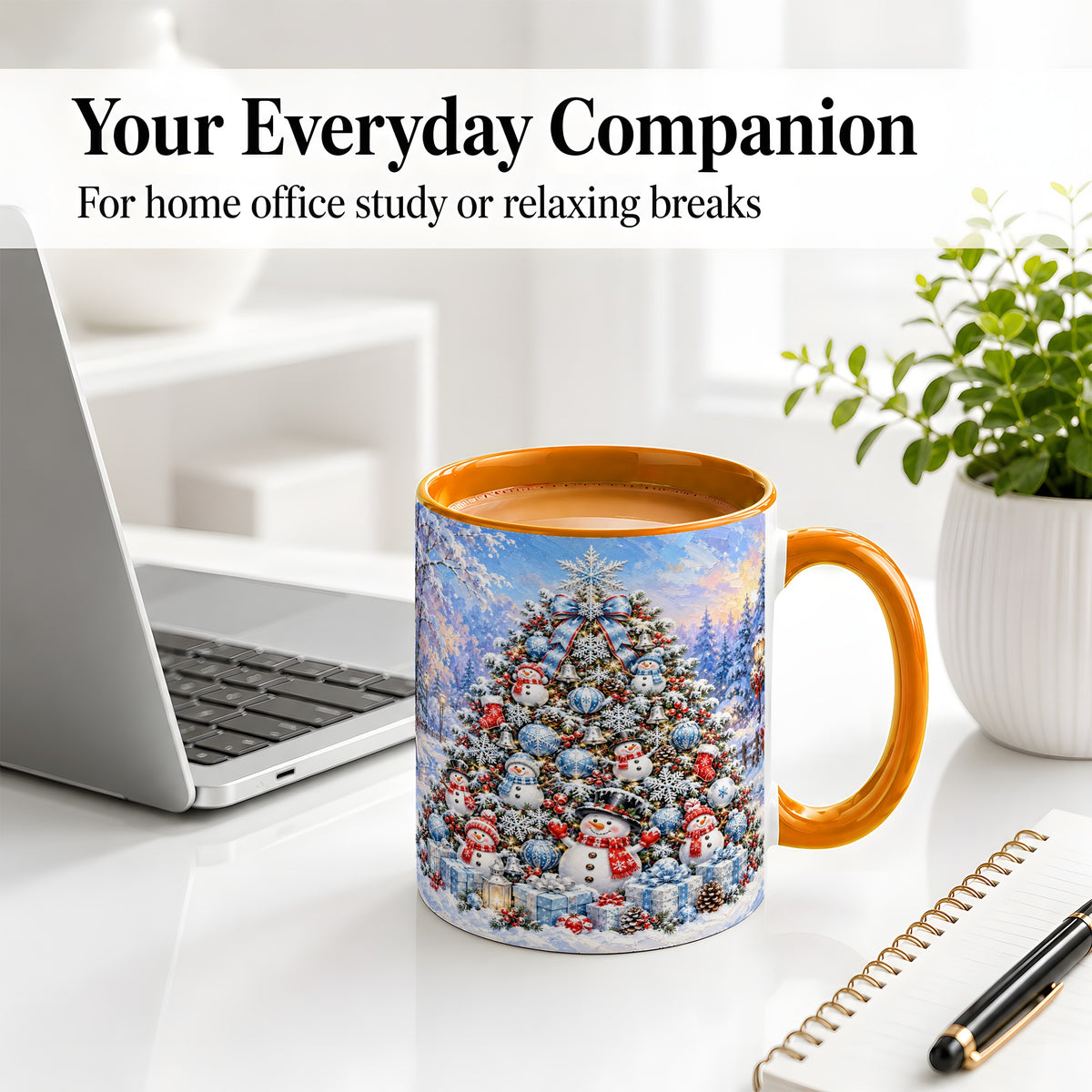 #pl[11oz|Orange] Snowman Christmas Tree Accent Mug, Ceramic Winter Coffee Cup