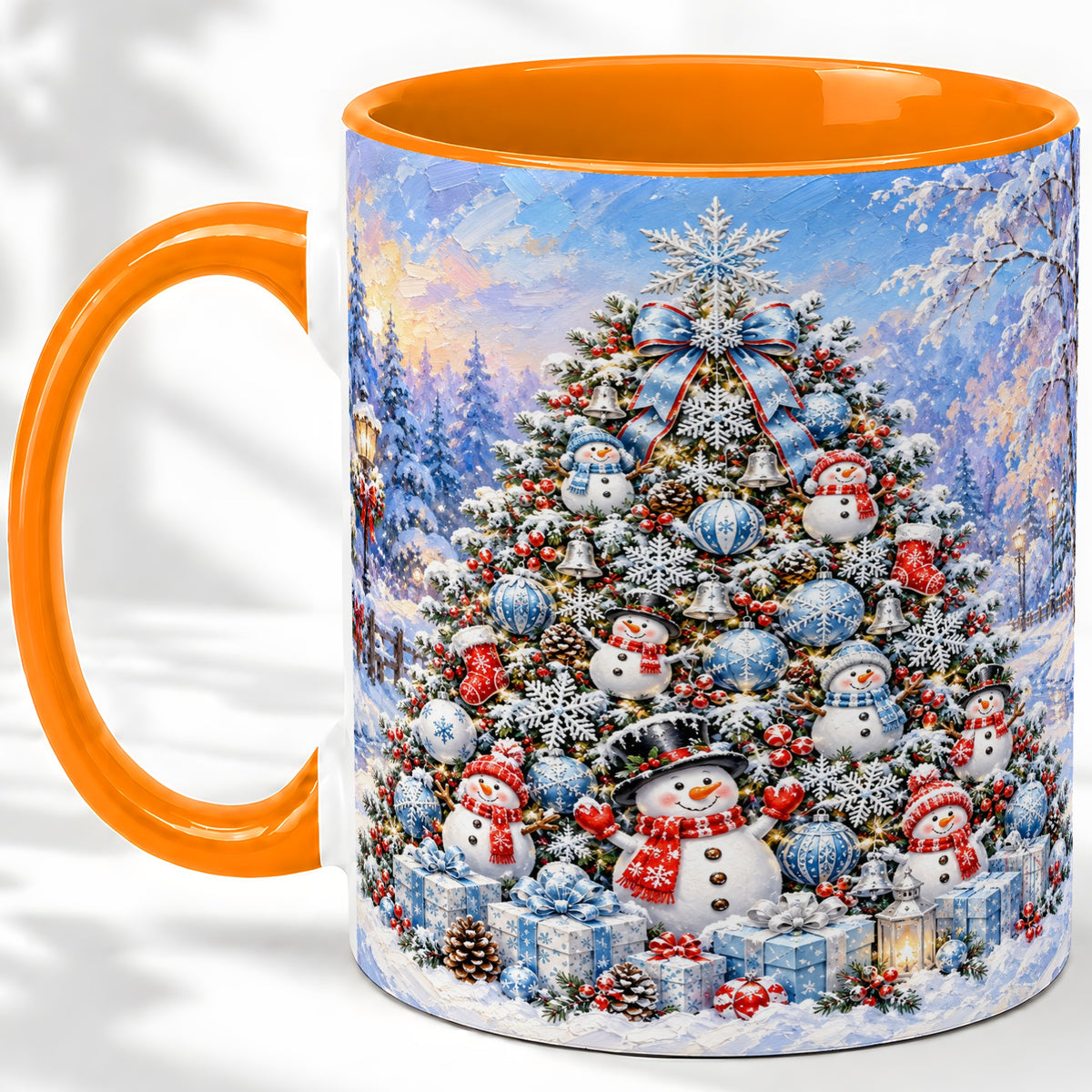 #pl[11oz|Orange] Snowman Christmas Tree Accent Mug, Ceramic Winter Coffee Cup