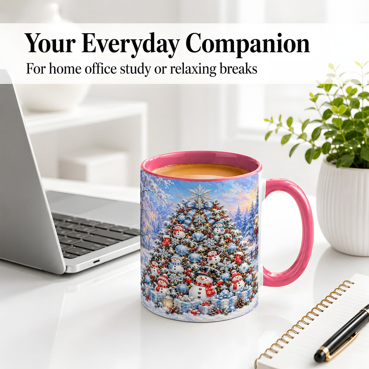 #pl[11oz|Pink] Snowman Christmas Tree Accent Mug, Ceramic Winter Coffee Cup