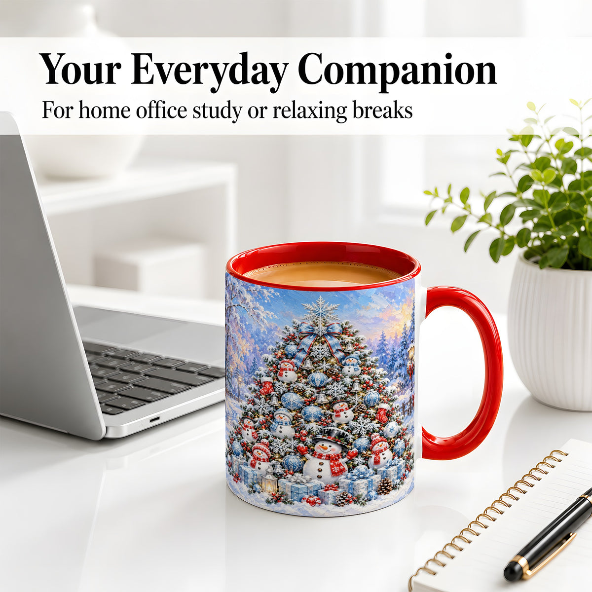 #pl[11oz|Red] Snowman Christmas Tree Accent Mug, Ceramic Winter Coffee Cup
