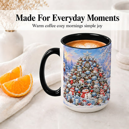 #pl[15oz|Black] Snowman Christmas Tree Accent Mug, Ceramic Winter Coffee Cup