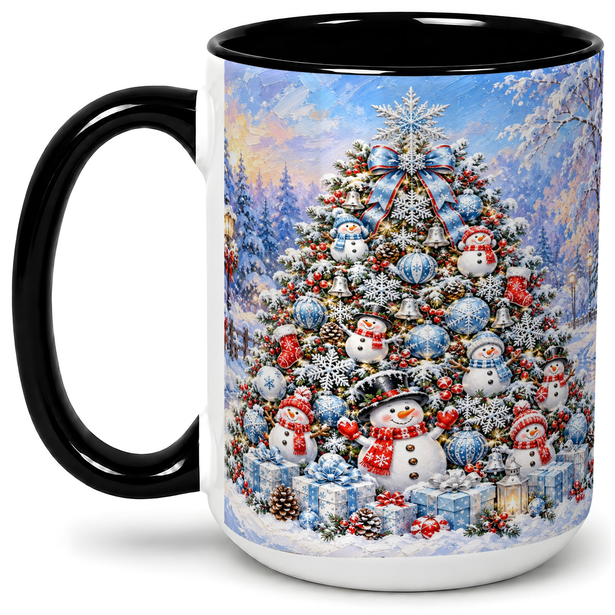 #pl[15oz|Black] Snowman Christmas Tree Accent Mug, Ceramic Winter Coffee Cup