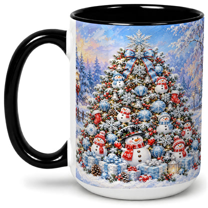 #pl[15oz|Black] Snowman Christmas Tree Accent Mug, Ceramic Winter Coffee Cup