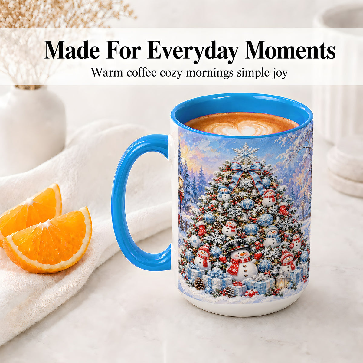 #pl[15oz|Blue] Snowman Christmas Tree Accent Mug, Ceramic Winter Coffee Cup