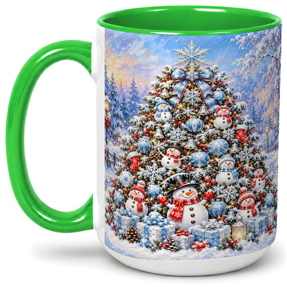 #pl[15oz|Green] Snowman Christmas Tree Accent Mug, Ceramic Winter Coffee Cup