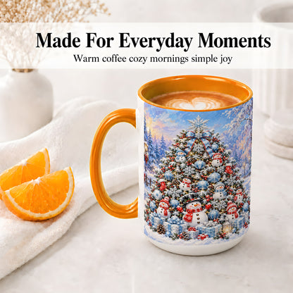 #pl[15oz|Orange] Snowman Christmas Tree Accent Mug, Ceramic Winter Coffee Cup