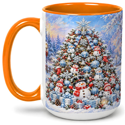 #pl[15oz|Orange] Snowman Christmas Tree Accent Mug, Ceramic Winter Coffee Cup