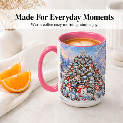 #pl[15oz|Pink] Snowman Christmas Tree Accent Mug, Ceramic Winter Coffee Cup