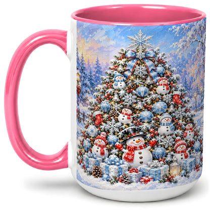 #pl[15oz|Pink] Snowman Christmas Tree Accent Mug, Ceramic Winter Coffee Cup