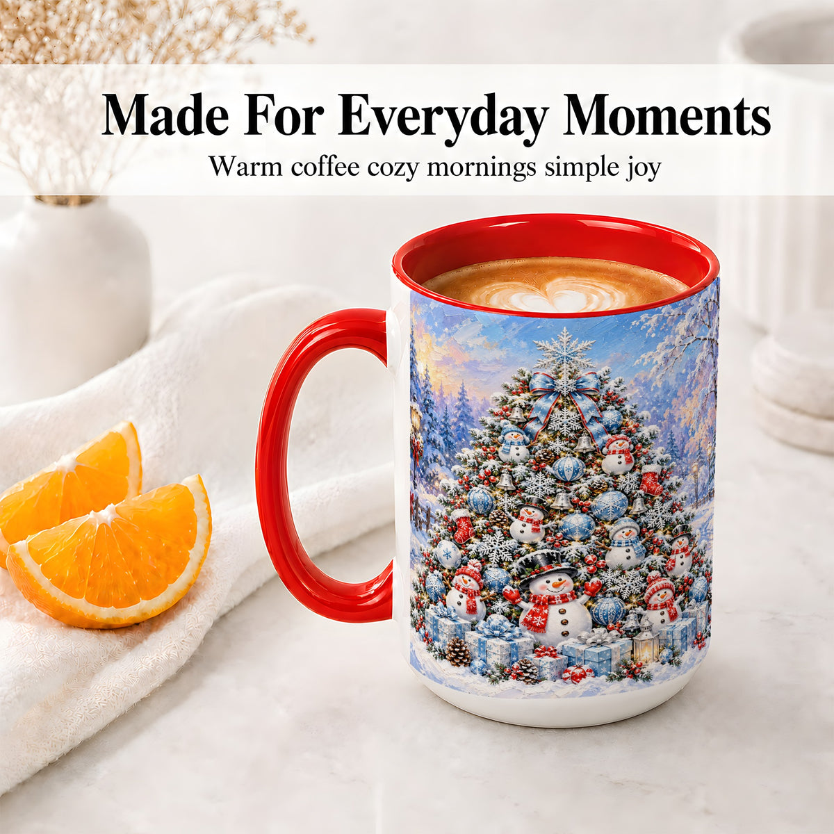 #pl[15oz|Red] Snowman Christmas Tree Accent Mug, Ceramic Winter Coffee Cup