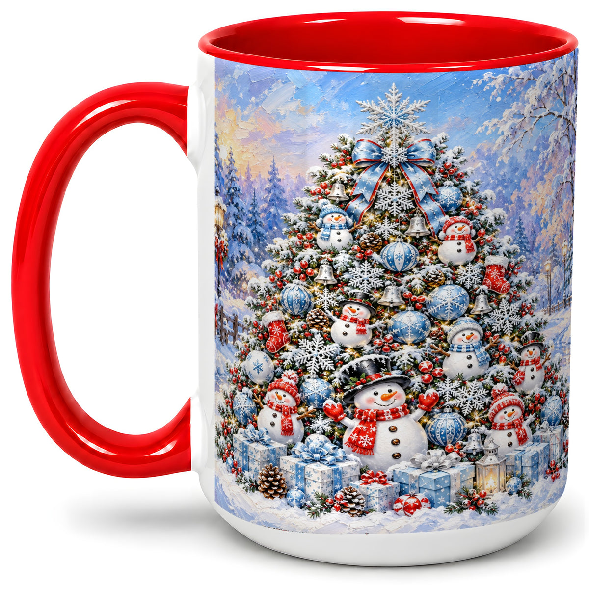 #pl[15oz|Red] Snowman Christmas Tree Accent Mug, Ceramic Winter Coffee Cup