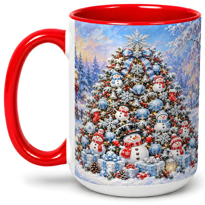#pl[15oz|Red] Snowman Christmas Tree Accent Mug, Ceramic Winter Coffee Cup