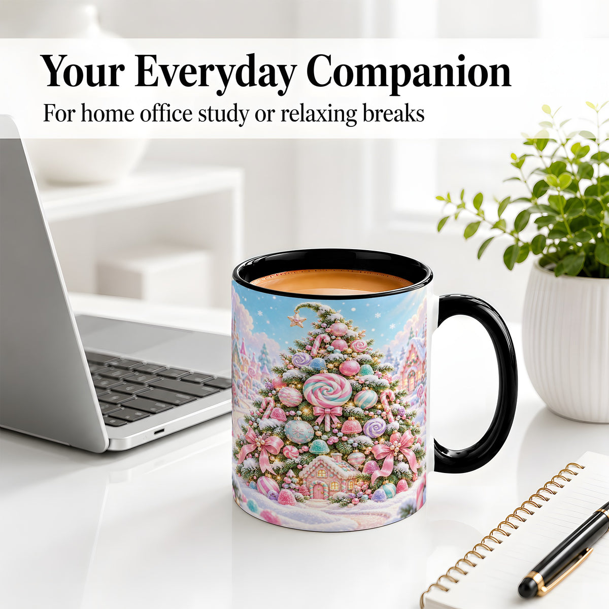#pl[11oz|Black] Pastel Candy Christmas Tree Accent Mug, Ceramic Coffee Cup